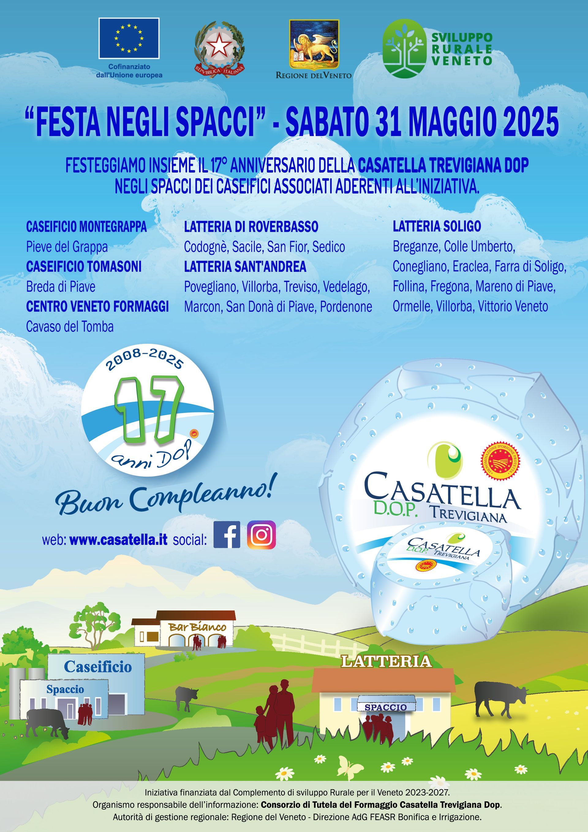 Locandina per la “Festa negli Spacci” del 31 maggio 2025, con i dettagli dell'evento e i loghi degli sponsor su uno sfondo di cielo azzurro.