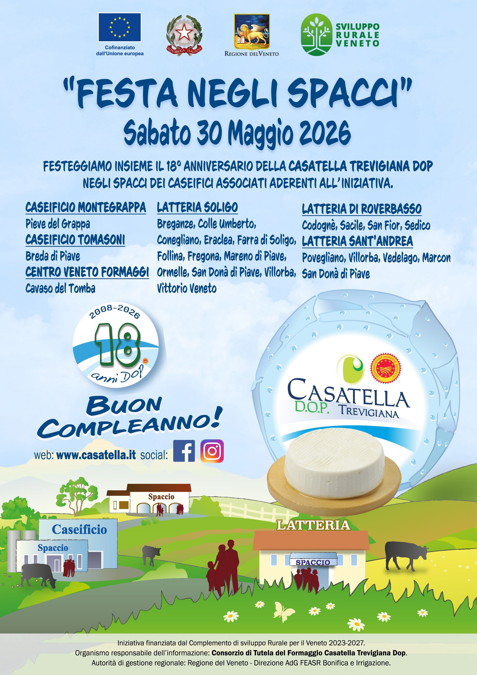 Locandina per la “Festa negli Spacci” del 30 maggio 2026, con dettagli dell'evento, sponsor e una scena di fattoria in stile fumetto.
