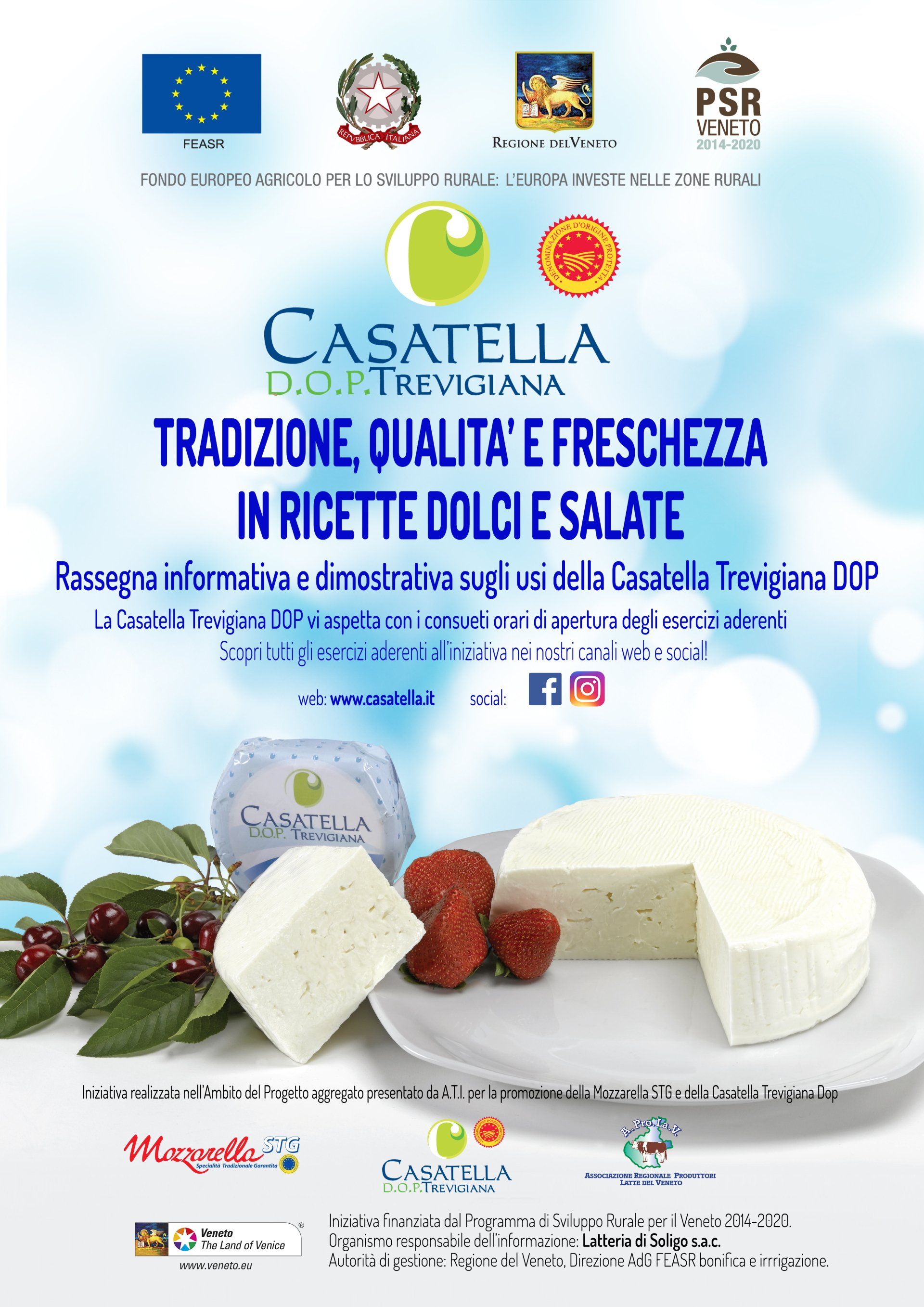Locandina pubblicitaria del formaggio Casatella Trevigiana, con spicchi di formaggio bianco e pomodori su uno sfondo di cielo azzurro.