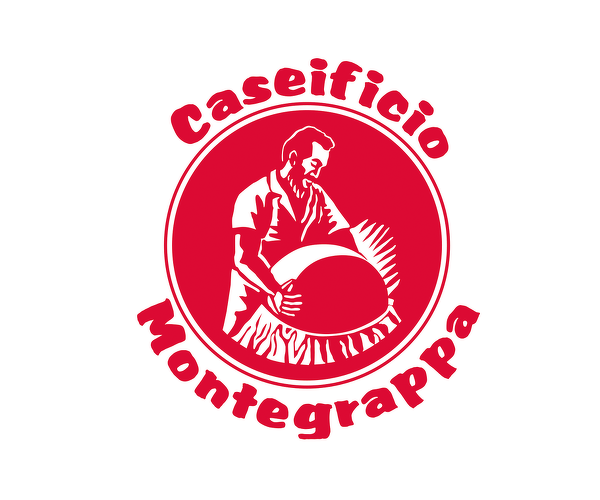 Logo circolare rosso del Caseificio Montegrappa con un contadino e una forma di formaggio in bianco.