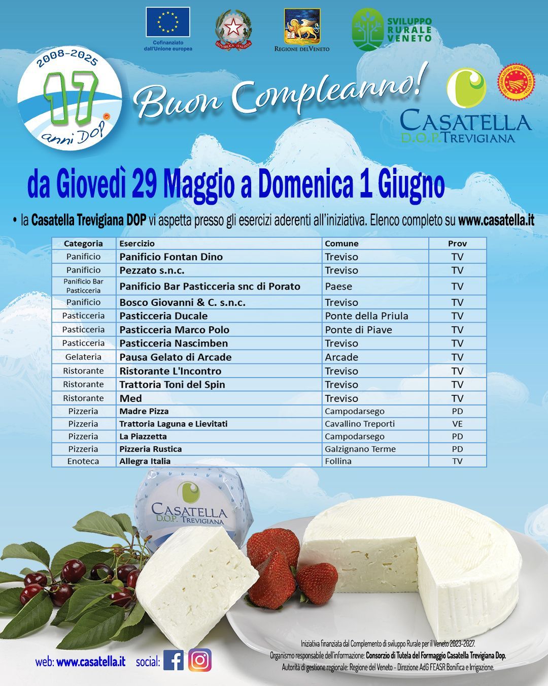 Locandina promozionale per una festa di compleanno con torta, in italiano, con foto della torta e date dell'evento.