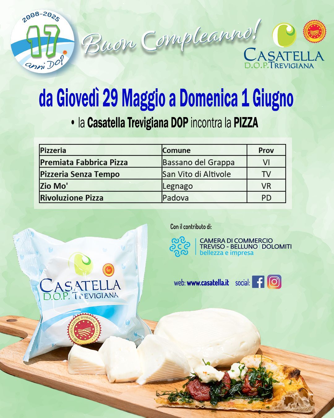 Locandina per “Pizza Contaminata”, evento DOP della Casatella Trevigiana, con pizza al formaggio e datteri a giugno.