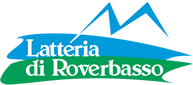 Logo della Latteria di Roverbasso con testo bianco su sfondo blu e verde a tema montano.