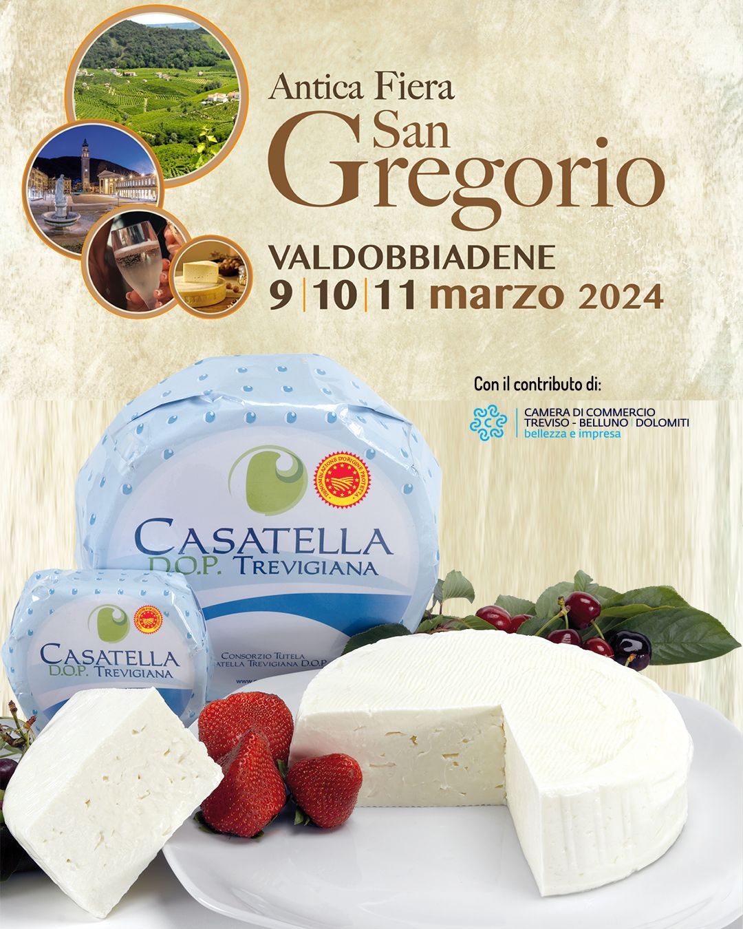 Sant'Gregorio event poster with Casatella Trevigiana cheese and strawberries, Valdobbiadene, 9–11 March 2024