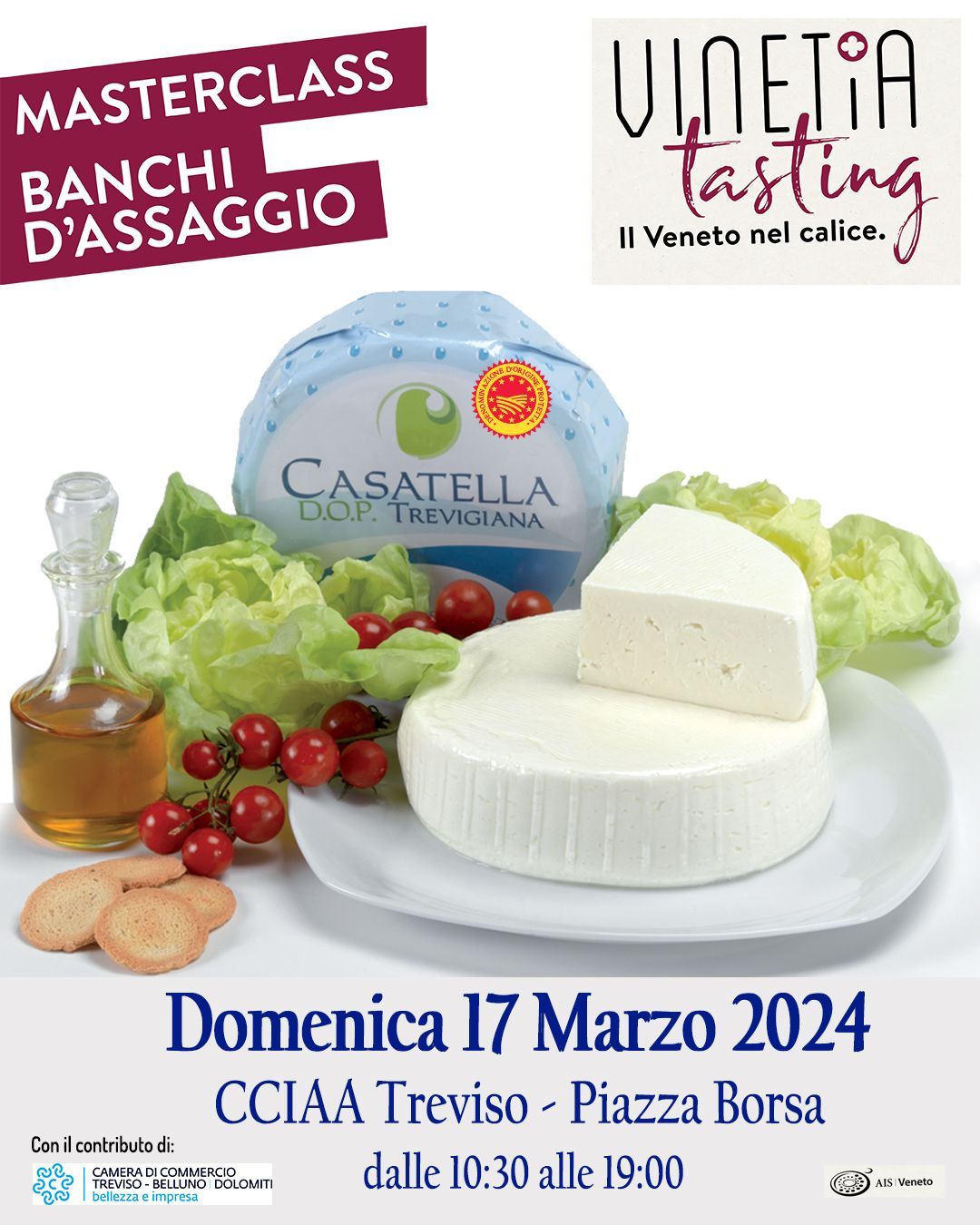 Locandina per una masterclass di degustazione di formaggi a Treviso, con una forma di formaggio bianco e verdure a foglia verde.