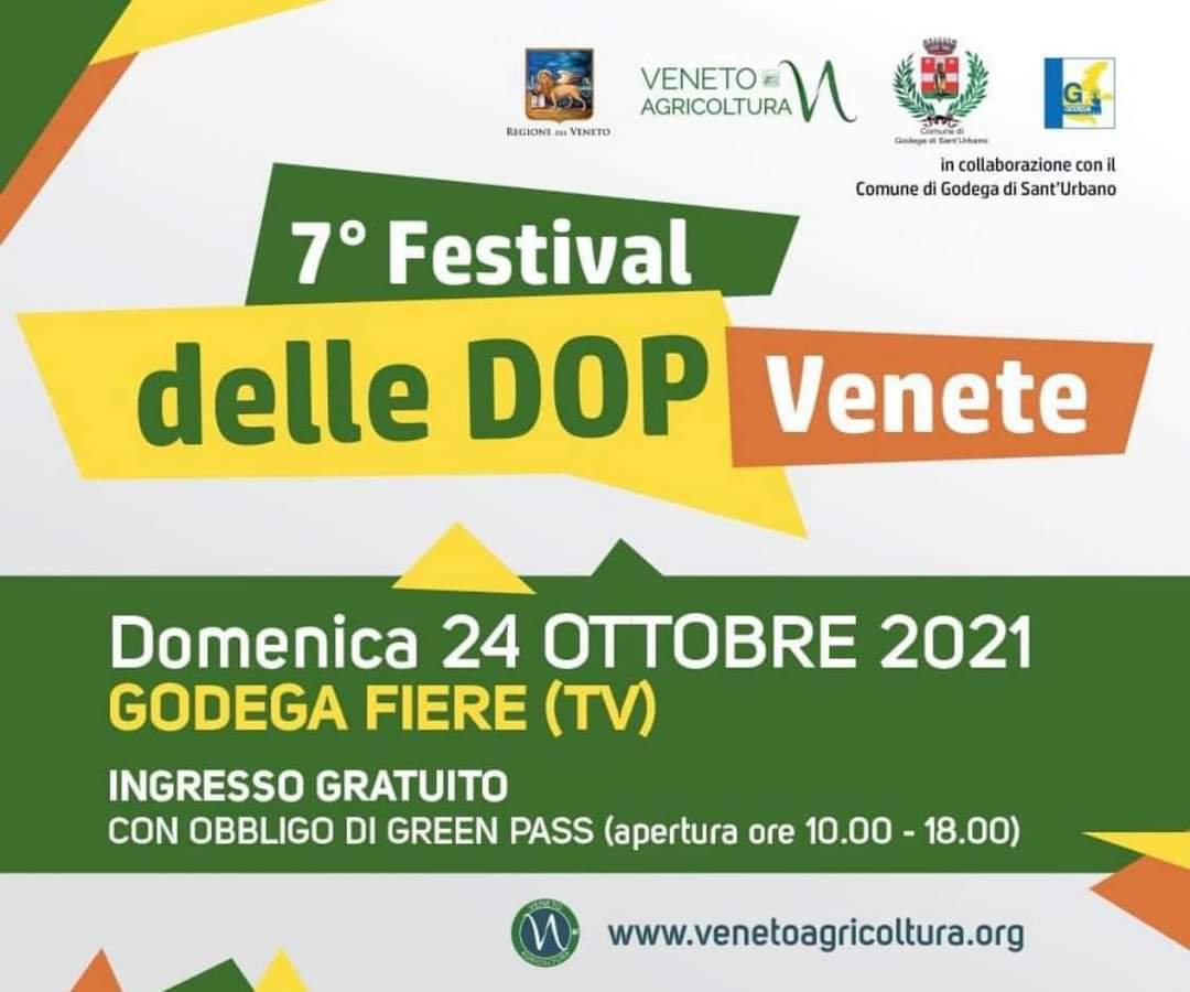 Poster for “7° Festival delle DOP Venete,” Oct 24, 2021, Godega Fiere, with green and orange text.