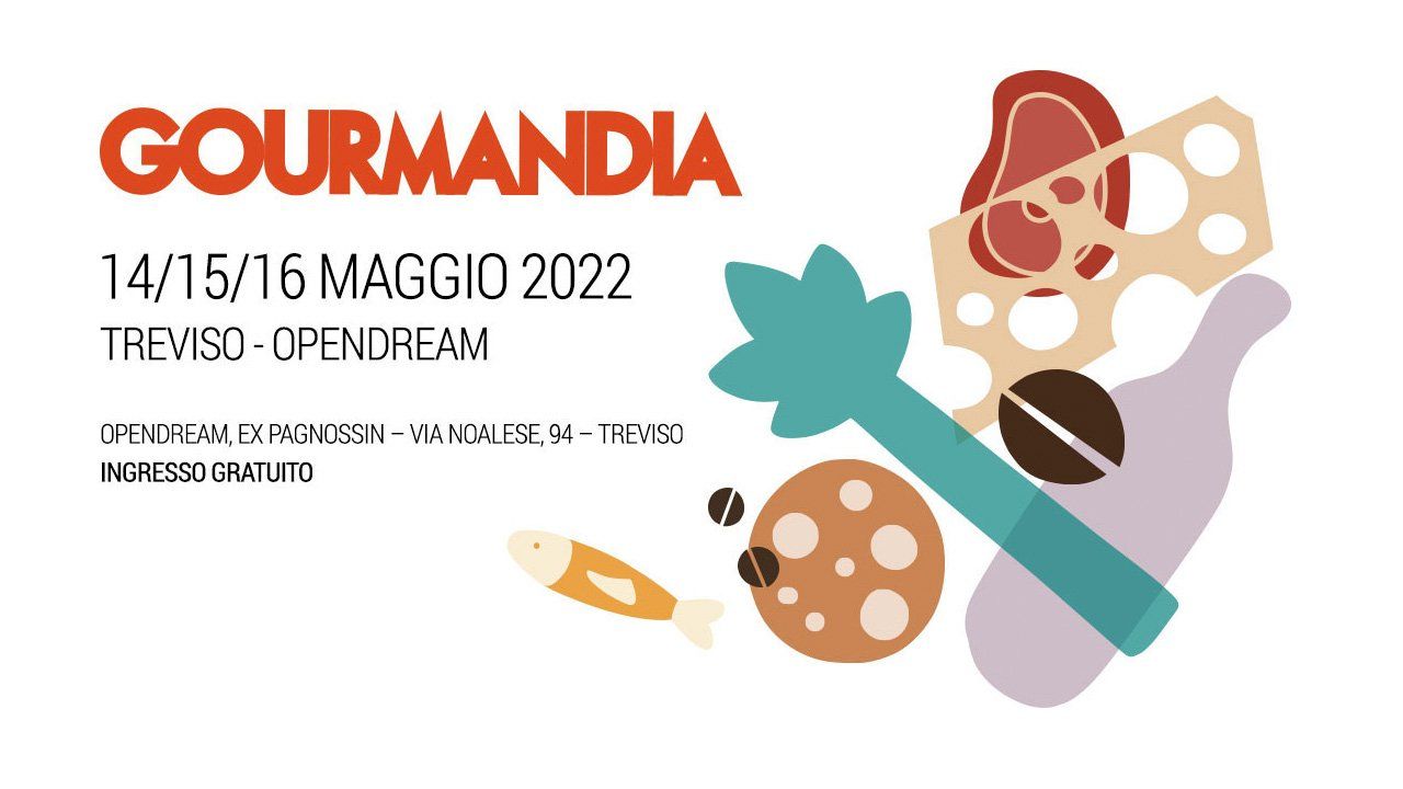 Locandina dell'evento Gourmandia con illustrazioni di cibo, date 14/15–16 maggio 2022, in arancione e beige.