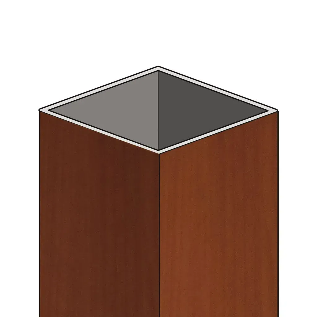 A drawing of a wooden cube with a metal frame on a white background.