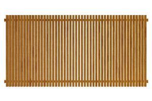 A timber look aluminium batten fence is shown on a white background.