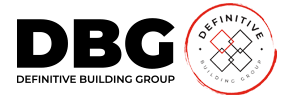 The logo for the definitive building group is black and red.