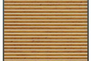 A timber look aluminium horizontal slat fence is shown on a white background.