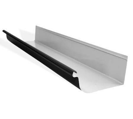 A white gutter with a black handle on a white background.