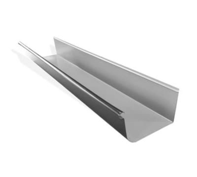 A stainless steel gutter on a white background.