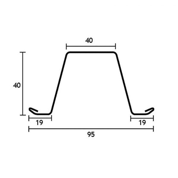A drawing of a metal beam with measurements on a white background.