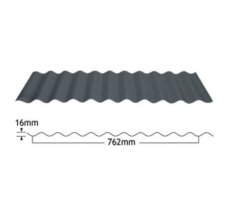 A drawing of a corrugated metal roof with a width of 16mm and 762mm.