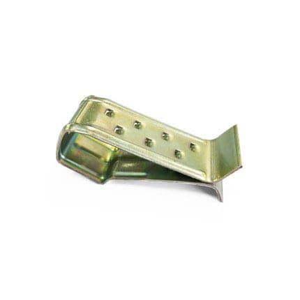 A close up of a metal object on a white background.