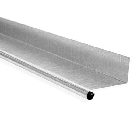 A close up of a metal gutter on a white background.