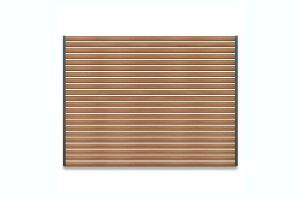 A close up of a wooden shutter on a white background.