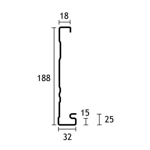 A black and white drawing of a metal beam with measurements.