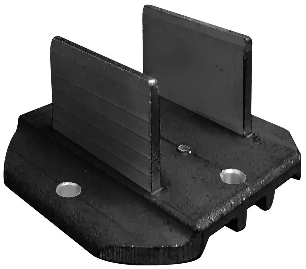 A black piece of metal with two holes in it