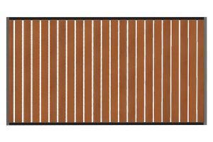 A timber look aluminium vertical slat fence is shown on a white background.