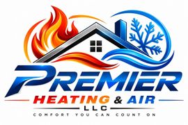 Premier Heating & Air logo with flame, house, and snowflake in red, blue, and gray