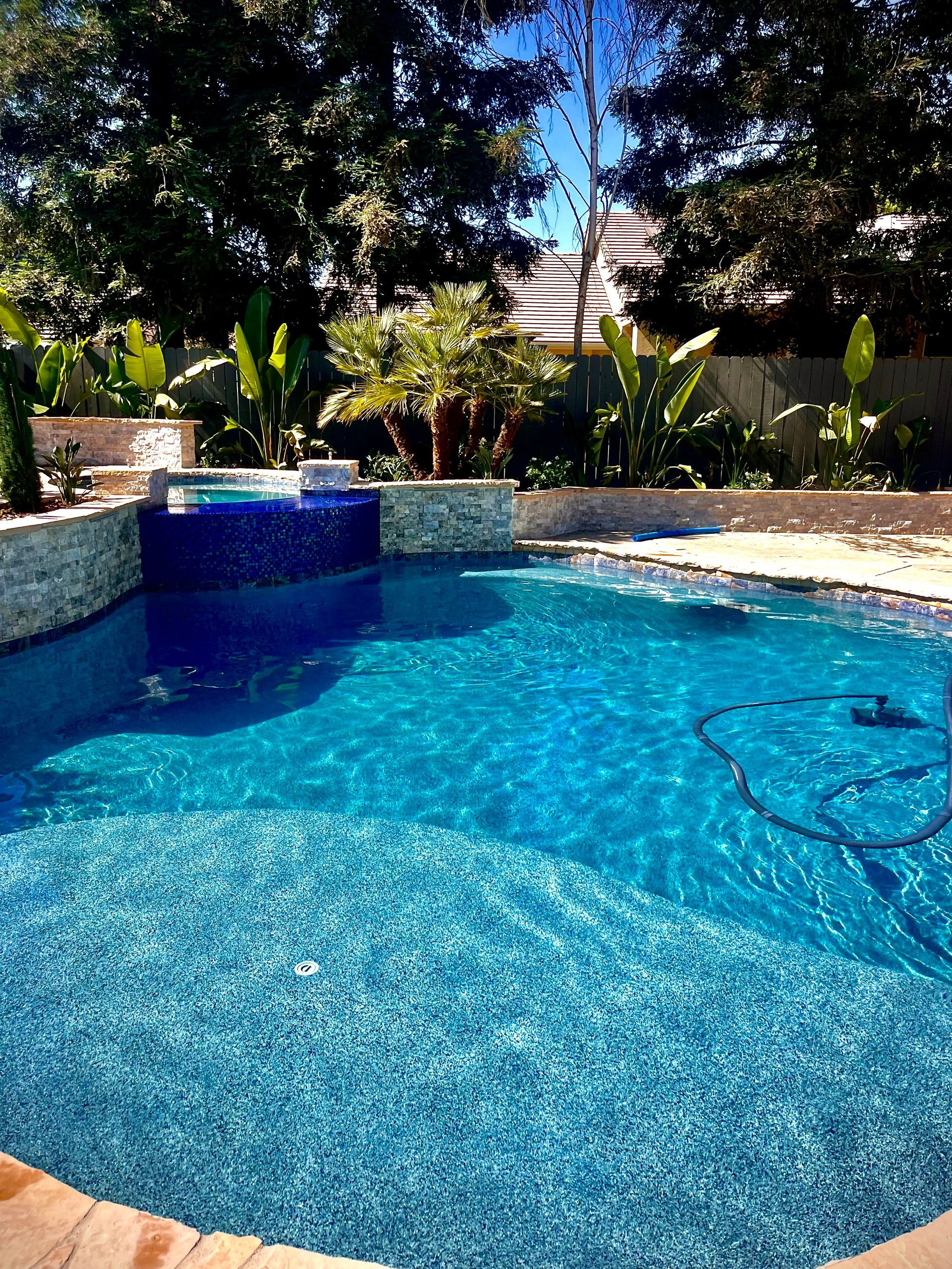 Swimming pool with blue tile and stone surround. Trees and foliage in the background under a bright sky.