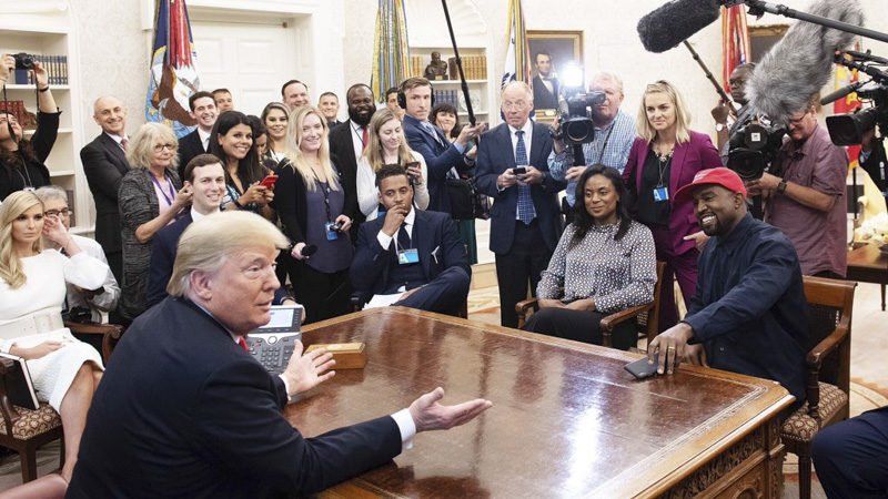 Donald Trump talks to group of reporters