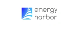 Energy Harbor logo: blue square with white and blue stylized waves, text