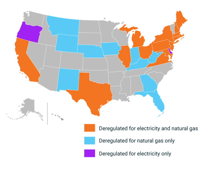 Map of the US showing electricity and natural gas deregulation status by state.