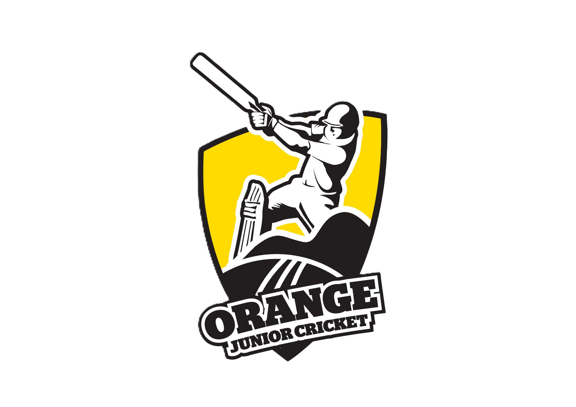 Orange Junior Cricket logo with a batsman swinging a bat over a yellow shield