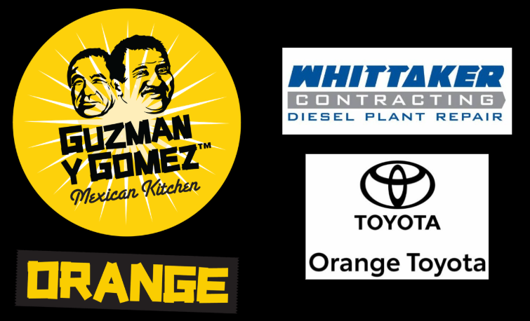 Yellow and black logos for Guzman y Gomez, Whitaker Contracting, and Toyota Orange on a black background