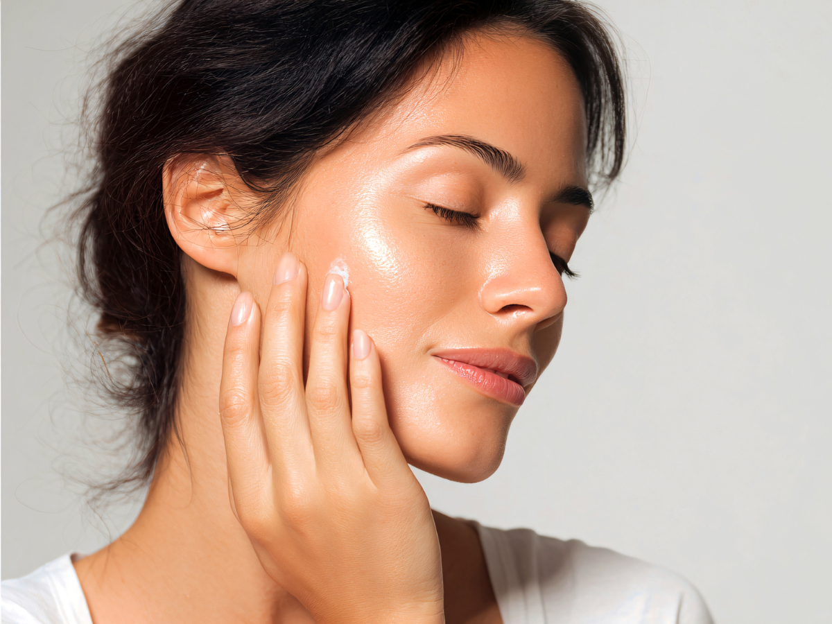 Woman with glowing skin, hand on cheek, eyes closed.