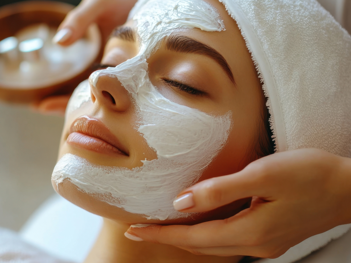 Woman with facial mask receiving spa treatment. Hands applying white cream to face.