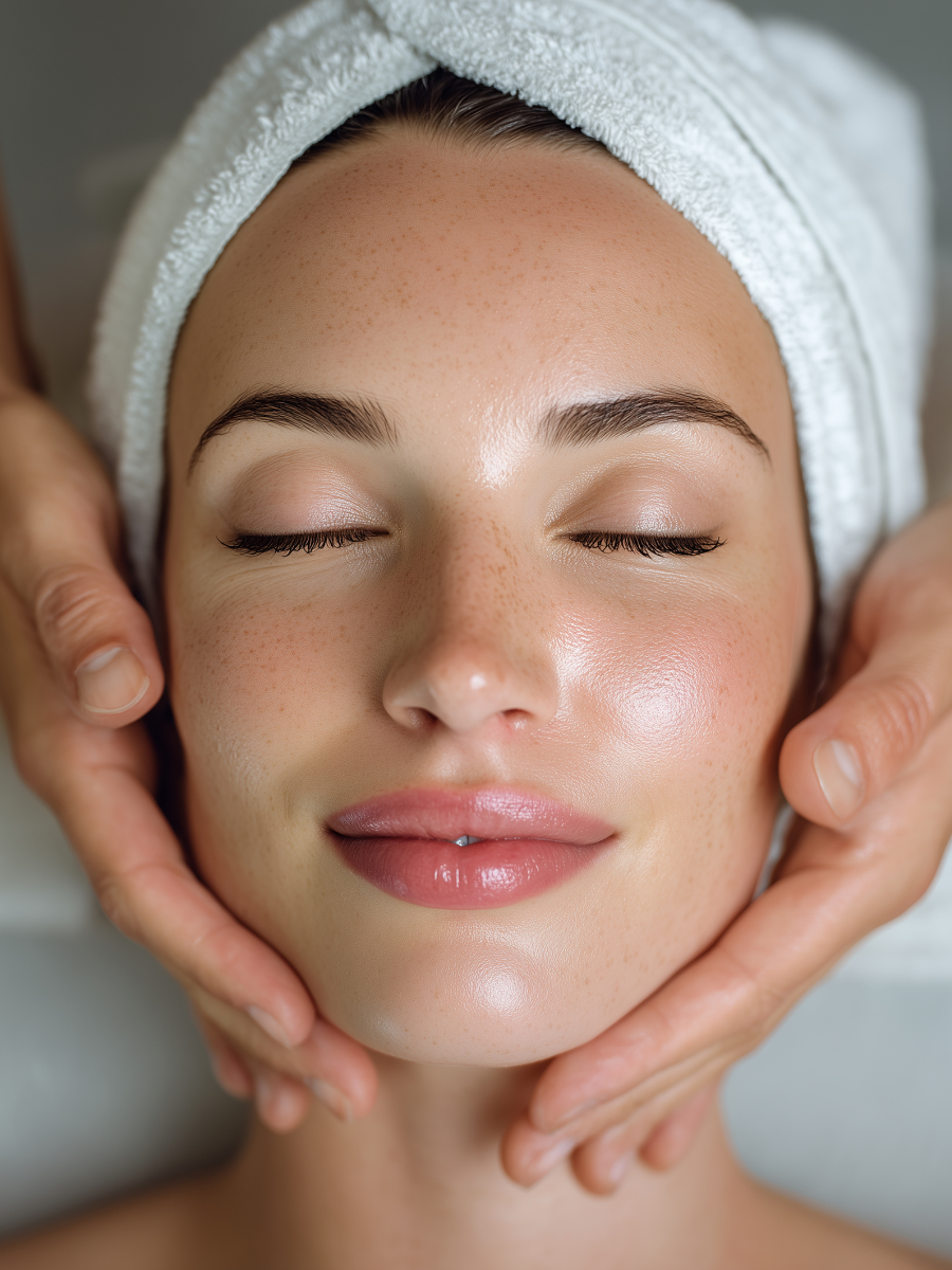Woman with eyes closed, face being massaged, white towel on head, rosy cheeks, close-up shot.