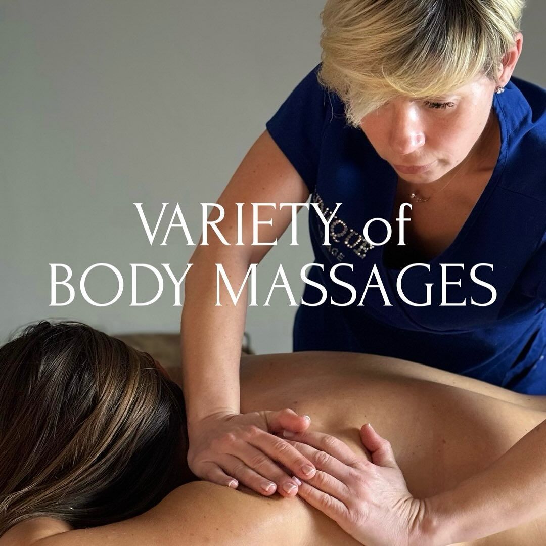 Massage therapist giving a back massage. Text overlay: Variety of Body Massages.