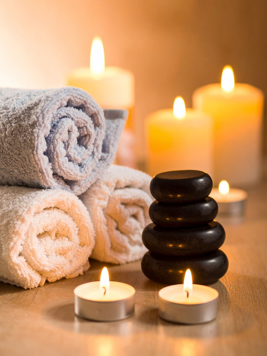Rolled towels, lit candles, and stacked black stones; spa setting.