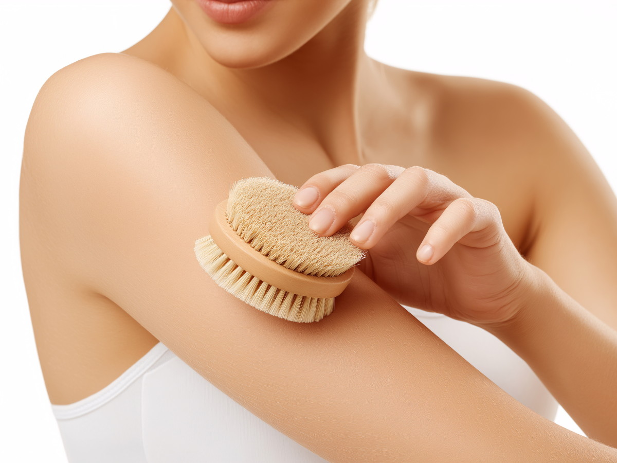 Woman dry brushing arm with a round, natural bristle brush.