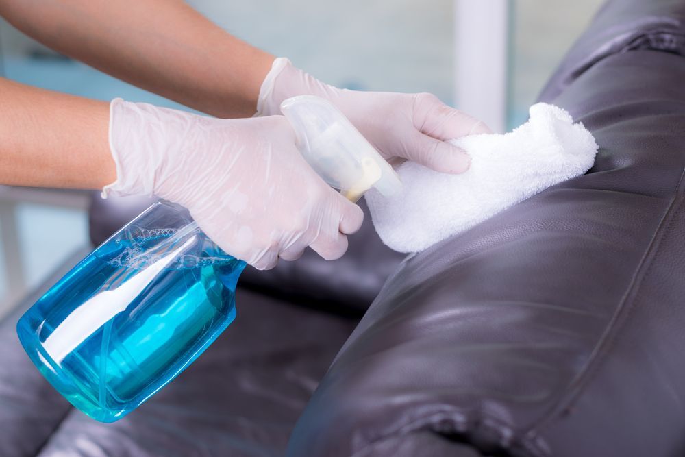 Person in Gloves Spraying and Wiping a Black Leather Couch — Clean Coast Carpet Cleaning in Port Stephens, NSW