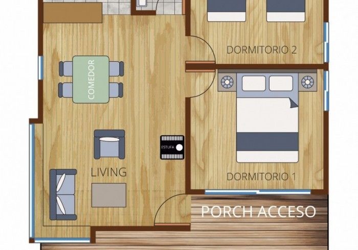 Plano de una casa pequeña con sala de estar, comedor, dormitorio y acceso a un porche.