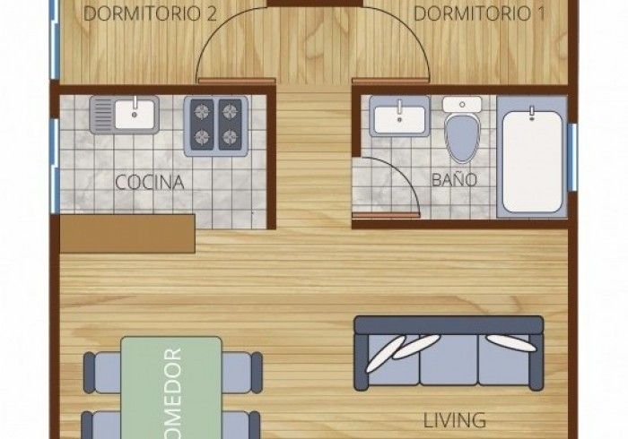Plano de un pequeño apartamento con cocina, baño, dos dormitorios, comedor y sala de estar.