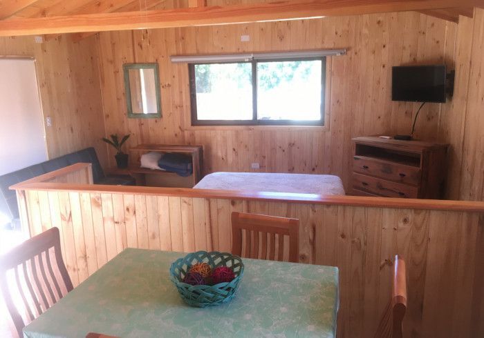 Cocina de cabaña con paneles de madera, ventana, mesa y frutero sobre la encimera.