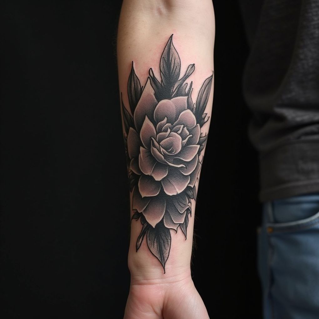 Black and grey floral tattoo on forearm, with leaves surrounding a large flower.
