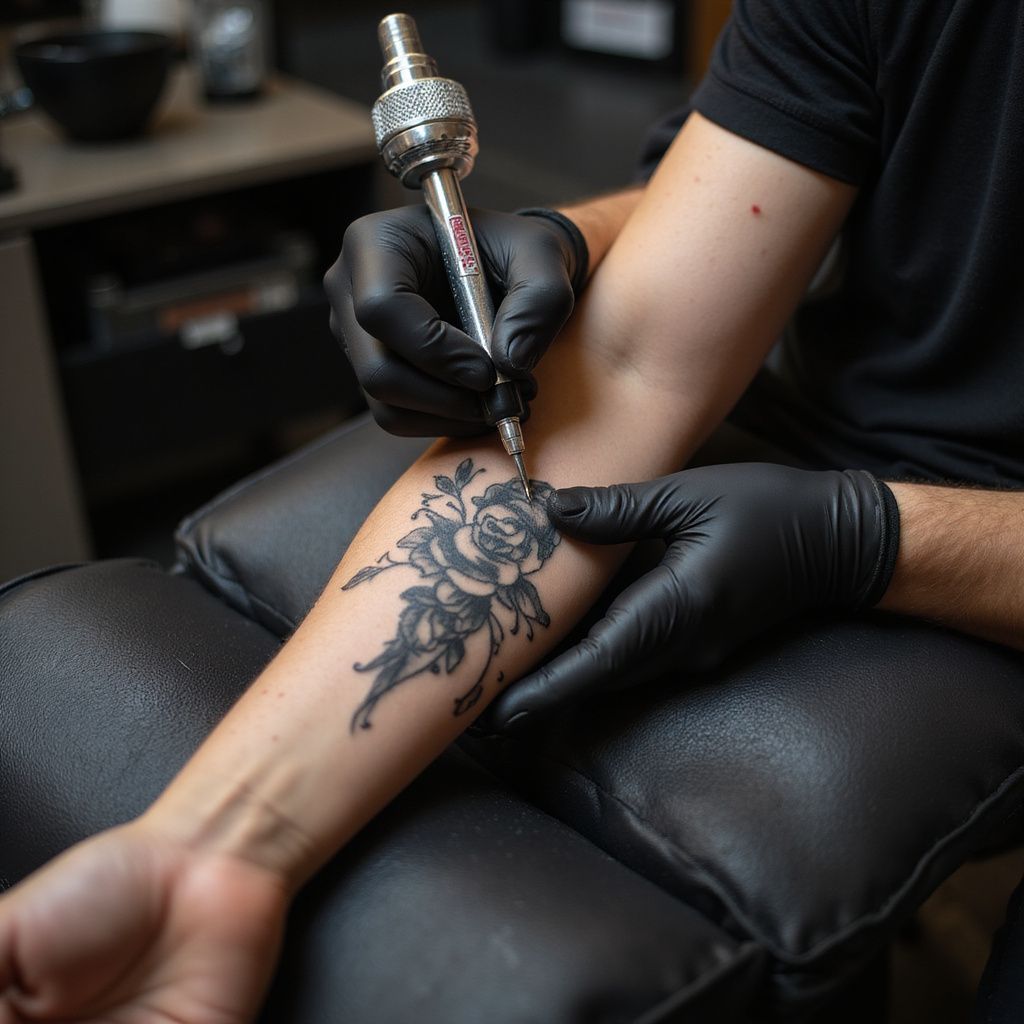 Tattoo artist in black gloves, tattooing a rose design on a person's arm.