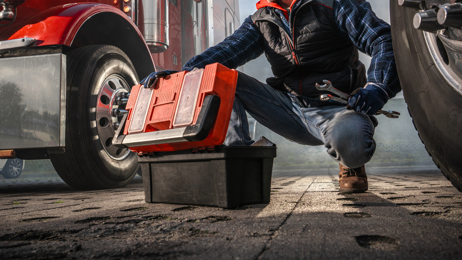 Mechanic kneeling beside a car, using a red toolbox between the wheels.