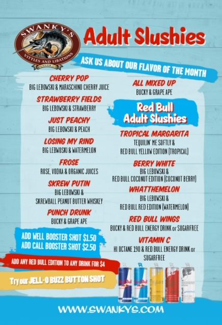 A menu for adult slushies at swankys