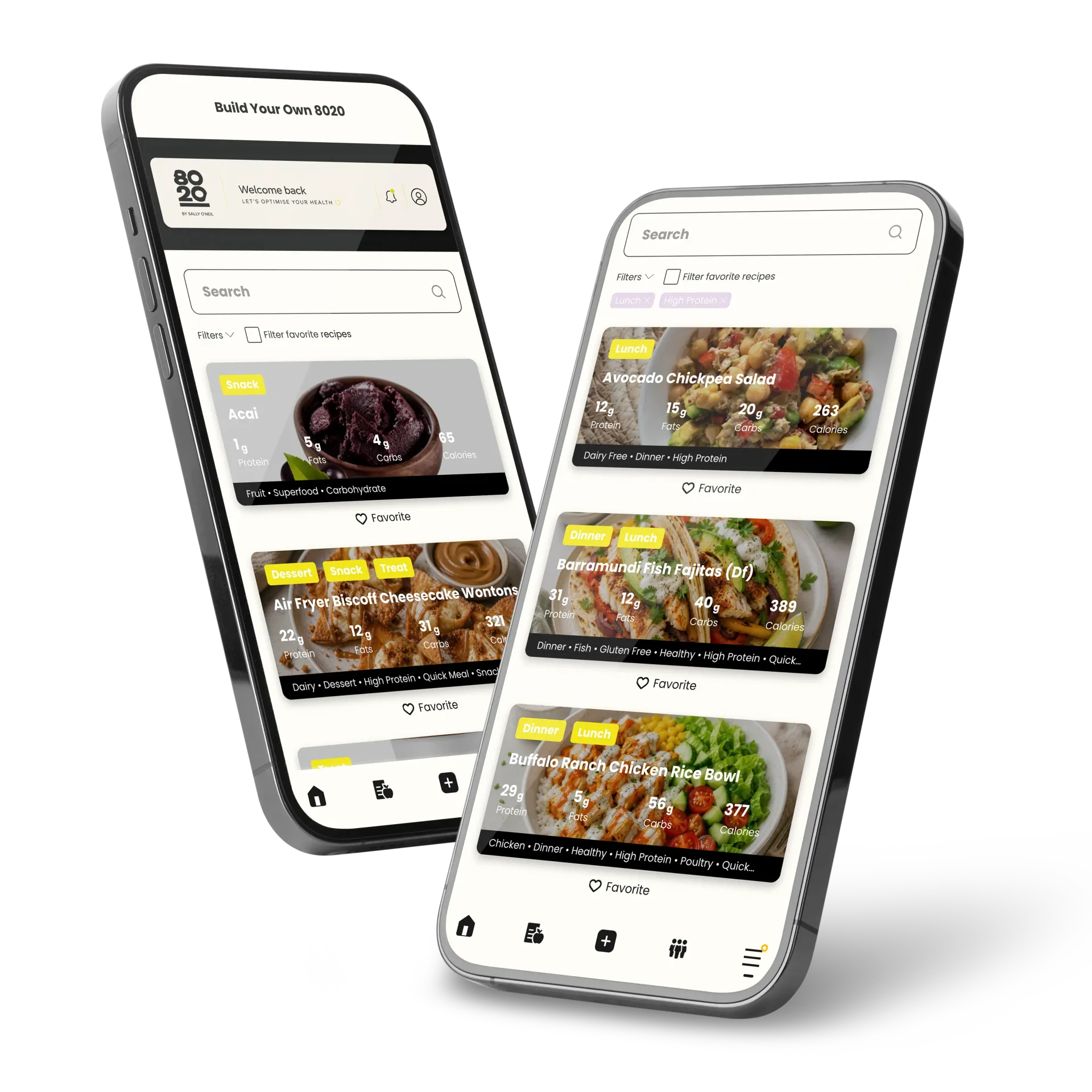 Mobile food-ordering app screens with green accents and plated dishes on overlapping phone mockups