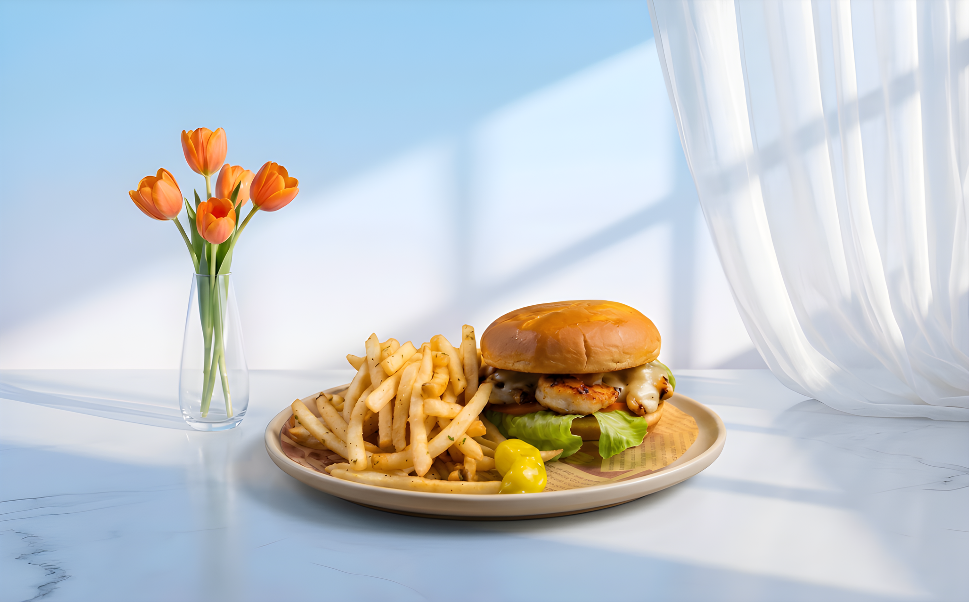 Burger and fries on a plate by a vase of orange tulips near a window with white curtains