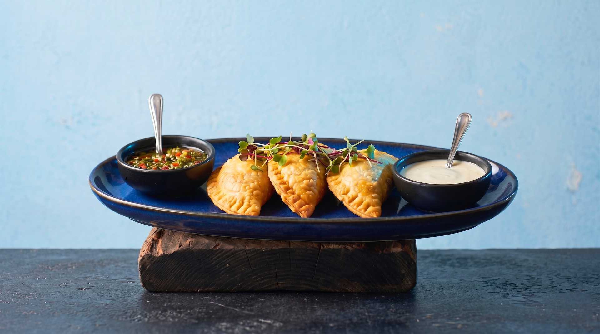 Blue plate with three fried snacks and two small dipping bowls on a wooden stand against a light blue background