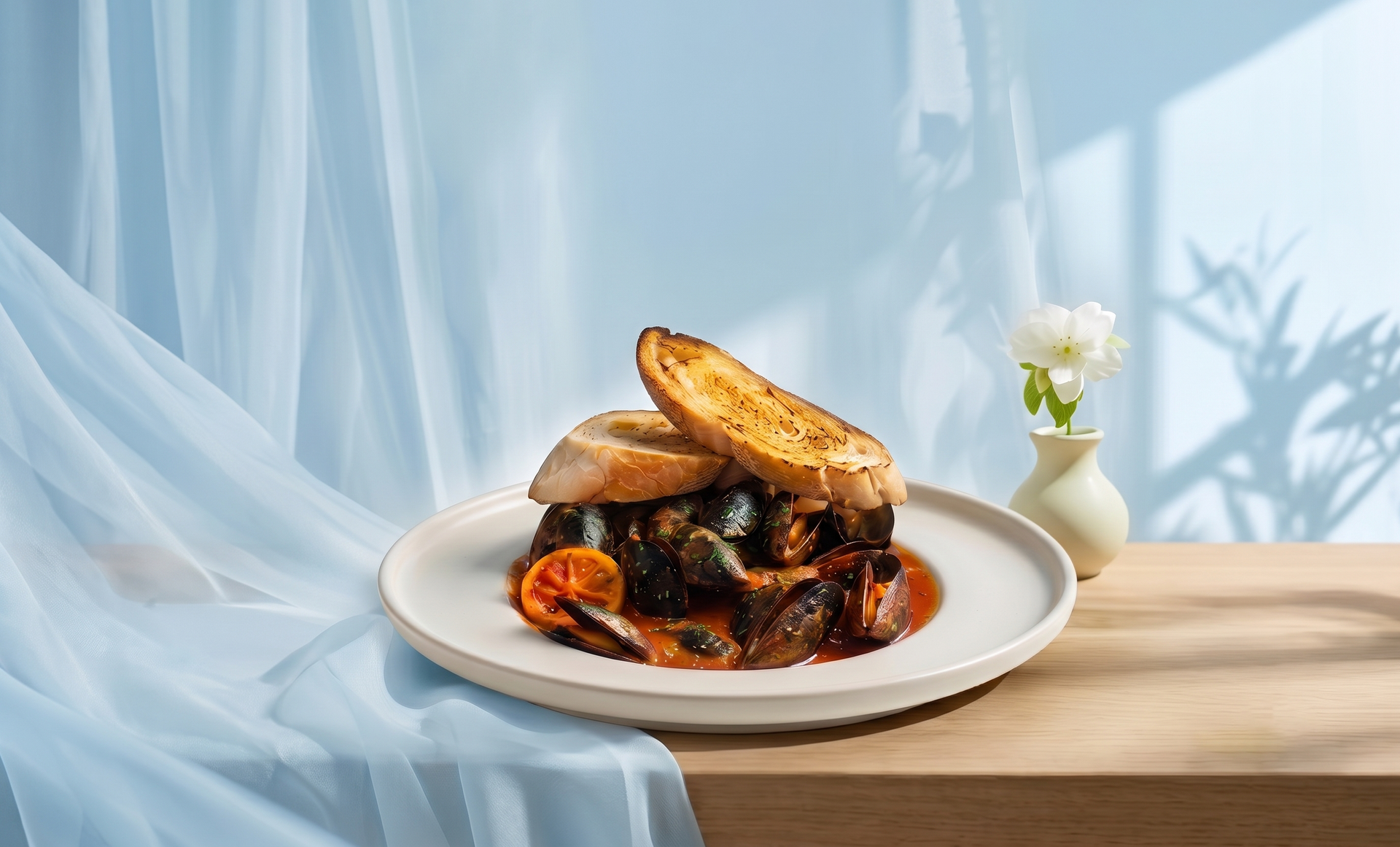 Plated gourmet meal with toasted bread on a wooden table beside a small vase of white flowers